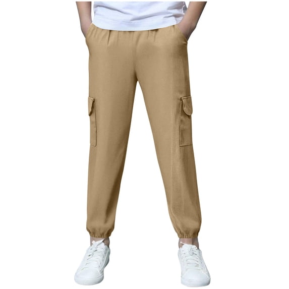 Eltusu Sweatpants for Boys, Elastic Bottom Solid Color Relaxed Fit Casual Pants with Pockets Khaki Size 8-10T