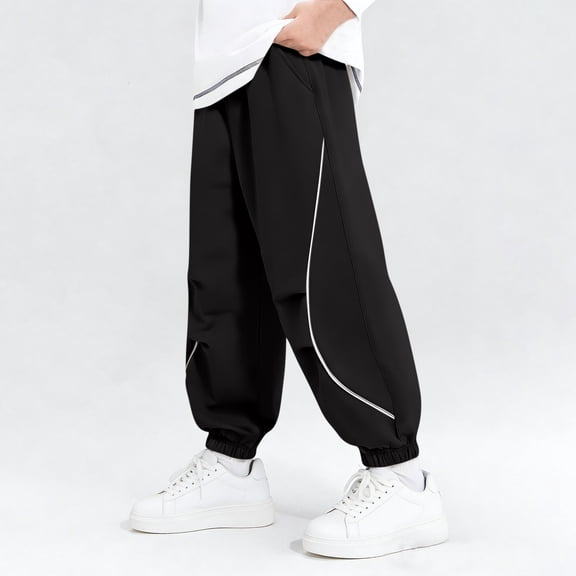 Eltusu Sweatpants for Girls, Casual Sports Loose Fit Elastic Bottom Pants with Pockets Black Size 15-16T