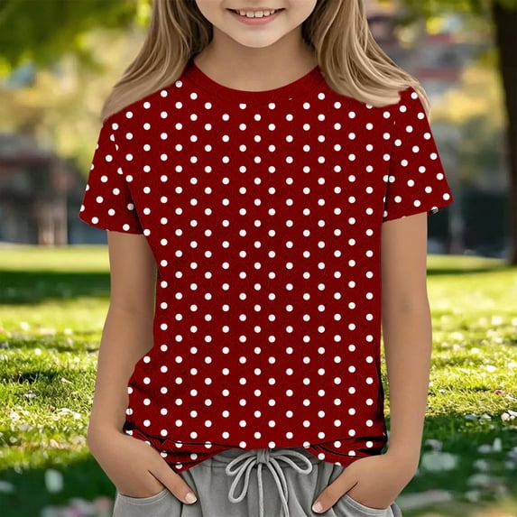 Eltusu T-Shirts for Girls, Printed Crew Neck Pullover Summer Short Sleeve Tops Red Size 5-6 T