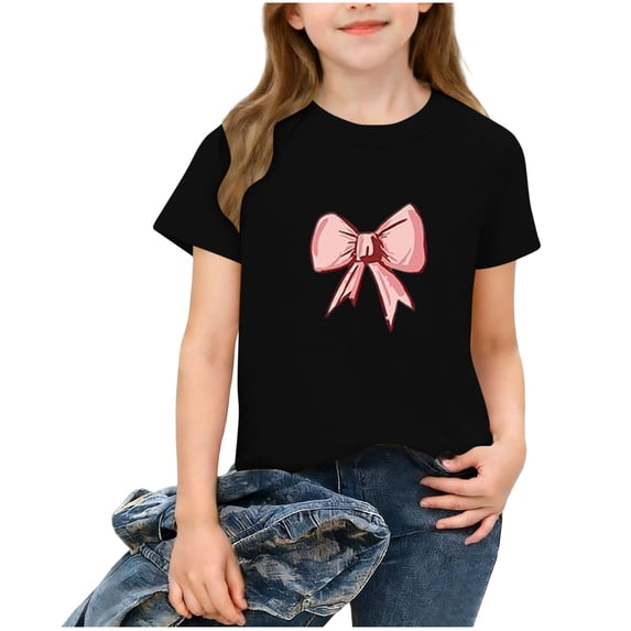 Eltusu T-Shirts for Girls, Summer Pullover Crew Neck Bow Graphic Short Sleeve Tops Black Size 7-9 T