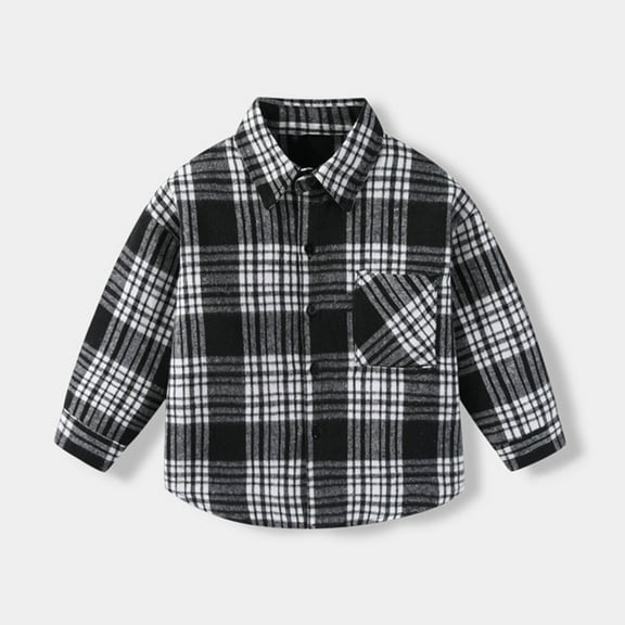 Eltusu Toddler Boys Button-Down Shirts, Long Sleeve Lapel Collar Cotton Comfy Plaid Shirts Black Size 4-5 T