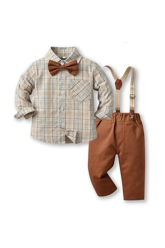 Toddler Boys Cotton Outfit Sets, 3 Pieces Lapel Collar Long Sleeve School Uniform Set Coffee Size 3 T