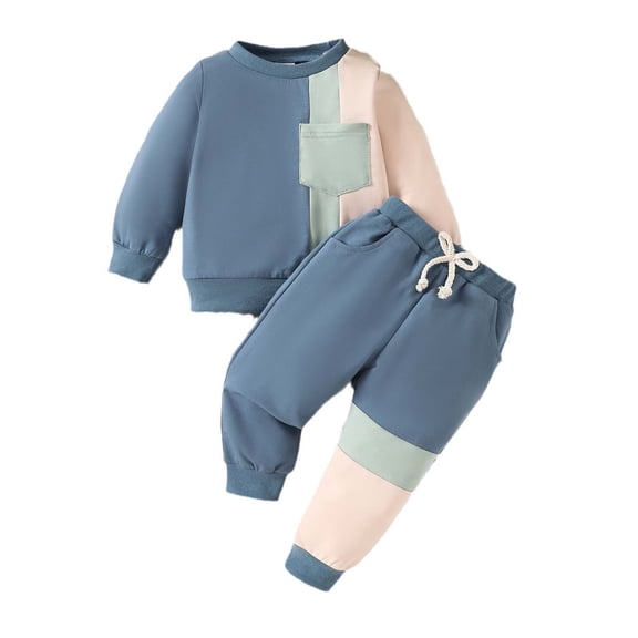 Eltusu Toddler Boys Cotton Outfit Sets, Drawstring 2 Pieces Long Sleeve Sweatshirts & Sweatpants Set Blue Size 4 T