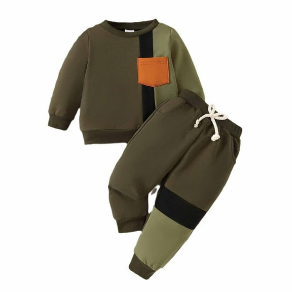 Eltusu Toddler Boys Cotton Outfit Sets, Drawstring Long Sleeve 2 Pieces Sweatshirts & Sweatpants Set Army Green Size 3-4 T