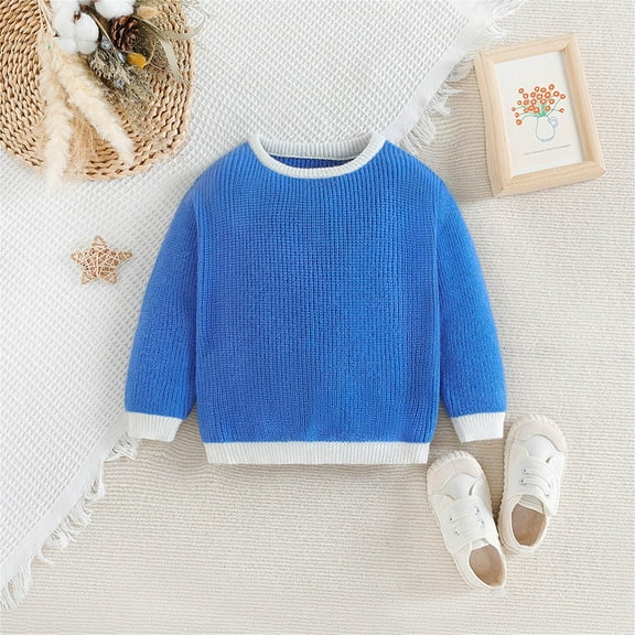 Eltusu Toddler Boys Crewneck Sweaters, Pullover Thermal Soft Knitting Cotton Winter Tops Blue Size 2-3 T