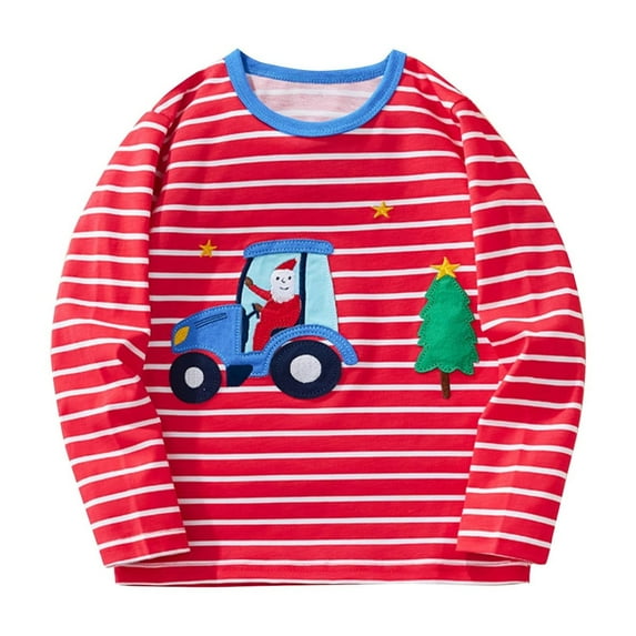 Eltusu Toddler Boys Long Sleeve Tops, Crew Neck Pullover Printed Cotton Boys Blouses Red Size 4 T