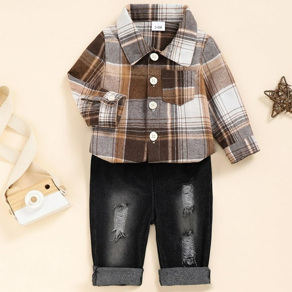 Eltusu Toddler Boys Outfit Sets 2 Pieces, Button Long Sleeve Pullover Boys Clothing Sets Khaki Size 2-3 T