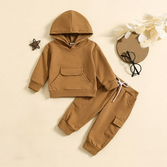 Eltusu Toddler Boys Outfit Sets 2 Pieces, Cotton Long Sleeve Solid Color Hoodies and Sweatpants Set Brown Size 4 T