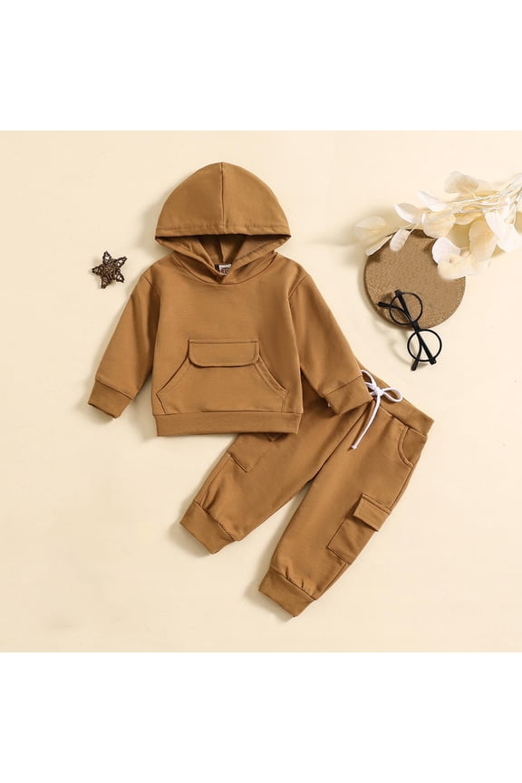 Toddler Boys Outfit Sets 2 Pieces, Cotton Long Sleeve Solid Color Hoodies and Sweatpants Set Brown Size 4 T
