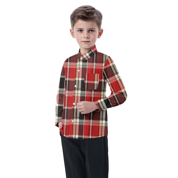 Eltusu Toddler Boys Plaid Shirts, Casual Comfy Lapel Collar Breathable Button-Down Shirts Red Size 3-4 T