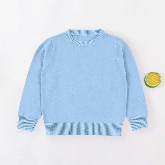 Eltusu Toddler Boys Sweaters, Thermal Knitting Cotton Long Sleeve Crew Neck Winter Tops Light Blue Size 5T