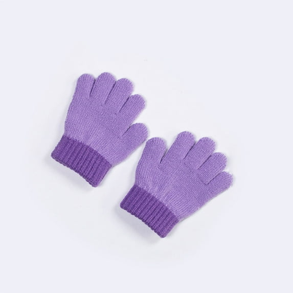Eltusu Toddler Girls Cotton Gloves, Windproof Stretch Solid Color Thermal Winter Mittens Purple Size 3-5 T