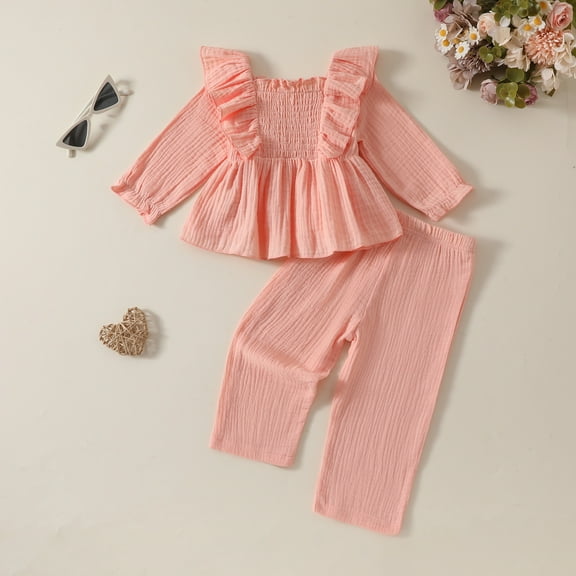 Eltusu Toddler Girls Cotton Outfit Sets, Fashion Two Pieces Long Sleeve Tops and Pants Set Pink Size 4-5 T