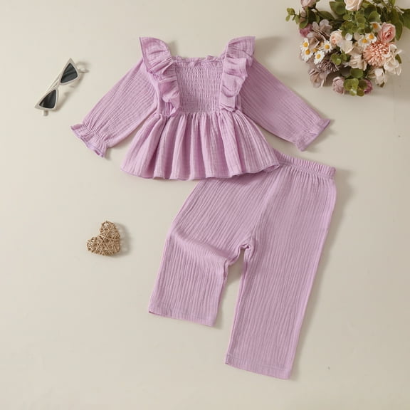 Eltusu Toddler Girls Cotton Outfit Sets, Two Pieces Fashion Long Sleeve Tops and Pants Set Purple Size 2-3 T