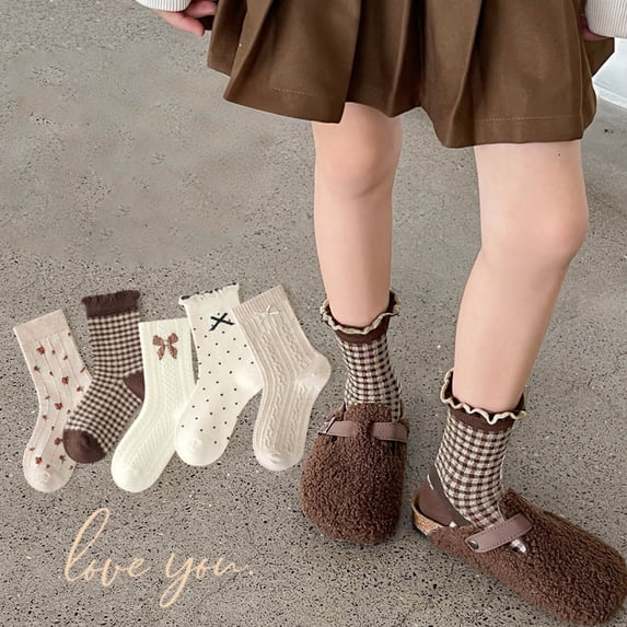 Eltusu Toddler Girls Cotton Socks, Mid-Calf Breathable 5 Pieces Casual Spring Fall Socks Brown Size 3-5 T