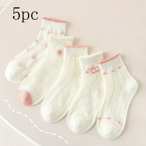Eltusu Toddler Girls Crew Socks, Mid-Calf Casual Cotton Five Pieces Kids Socks White Size 3-5 T