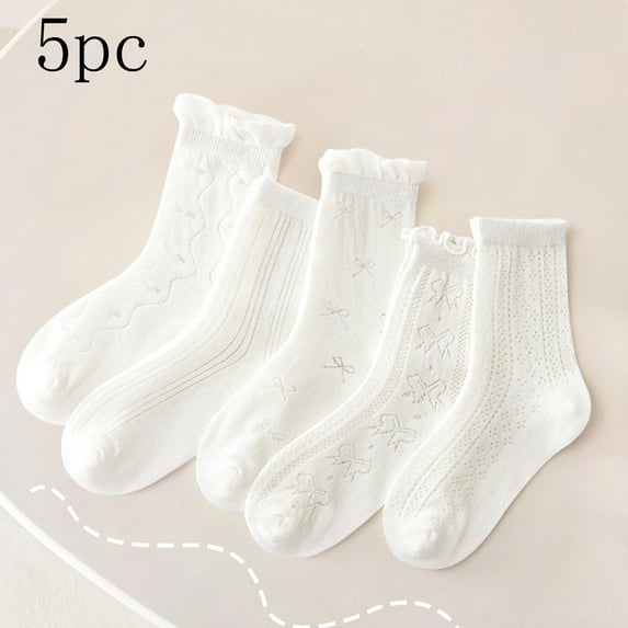 Eltusu Toddler Girls Crew Socks, Mid-Calf Cotton 5 Pieces Solid Color Kids Socks White Size 3-5 T
