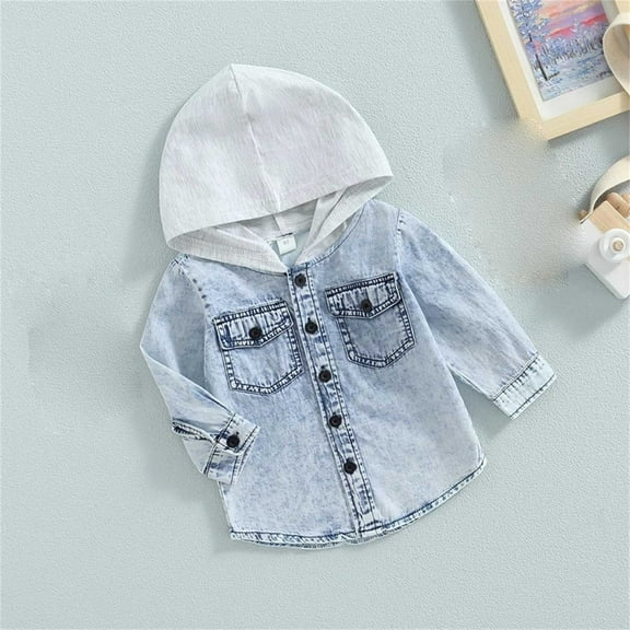Eltusu Toddler Girls Denim Jackets, Mid-Weight Full Zip Solid Color Hooded Jean Outerwear Blue Size 4-5 T