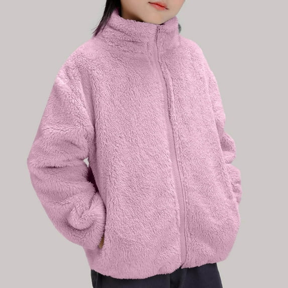 Eltusu Toddler Girls Fleece Jackets with Zipper, Long Sleeve Stand-up Collar Solid Color Warm Winter Outerwear Purple Size 2-3T