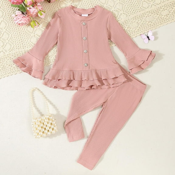 Eltusu Toddler Girls Outfit Sets 2 Pieces, Cotton Button Pullover Girls Clothing Sets Pink Size 2-3 T