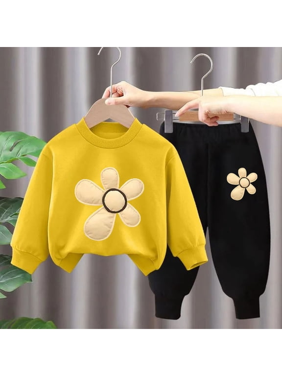 Toddler Girls Outfit Sets, Graphic Two Pieces Long Sleeve Sweatshirts and Sweatpants Set Yellow Size 3 T