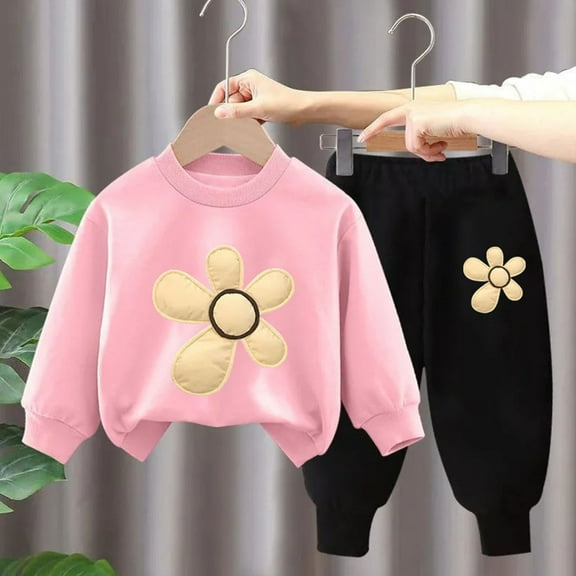 Eltusu Toddler Girls Outfit Sets, Long Sleeve Graphic Two Pieces Sweatshirts and Sweatpants Set Pink Size 5 T