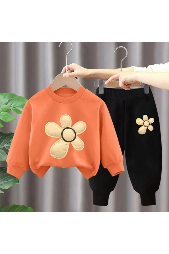 Toddler Girls Outfit Sets, Two Pieces Long Sleeve Graphic Sweatshirts and Sweatpants Set Orange Size 5 T