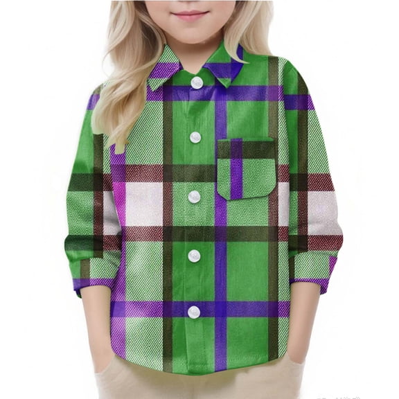 Eltusu Toddler Girls Plaid Shirts, Casual Relaxed Fit Lapel Collar Long Sleeve Button-Down Shirts Green Size 3-4 T