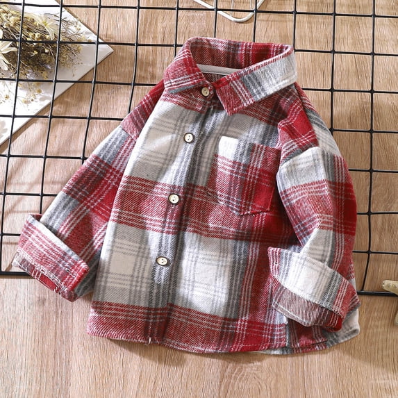 Eltusu Toddler Girls Plaid Shirts, Relaxed Fit Soft Lapel Collar Button-Up Long Sleeve Shirts Red Size 3-4 T