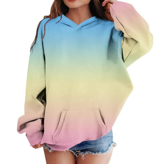 Eltusu Toddler Girls Pullover Hoodies, Gradient Casual Thermal Long Sleeve Sweatshirts with Pockets Beige Size 4-5 T