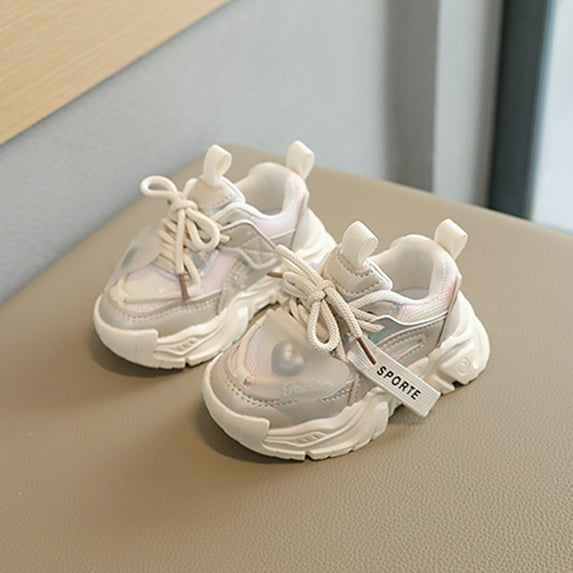 Eltusu Toddler Girls Sneakers, Soft Lightweight No Slip Lace up Runing Shoes Beige Size 8.5(Toddler)