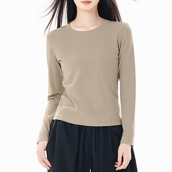 Eltusu Women Base Layer Tops, Crewneck Long Sleeve Loose Fit Pullover Ladies Blouses Khaki Size S