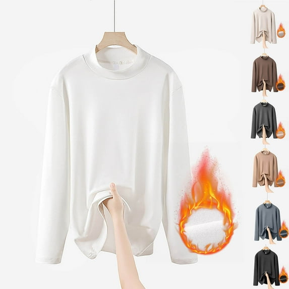 Eltusu Women Base Layer Tops, Long Sleeve Crew Neck Thermal Cotton Ladies Blouses White Size M-5XL