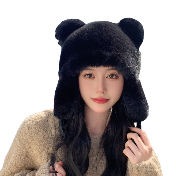 Eltusu Women Beanie Hat with Ear Flaps, Comfy Bear Ear Windproof Winter Thermal Hats Black Size Free Size