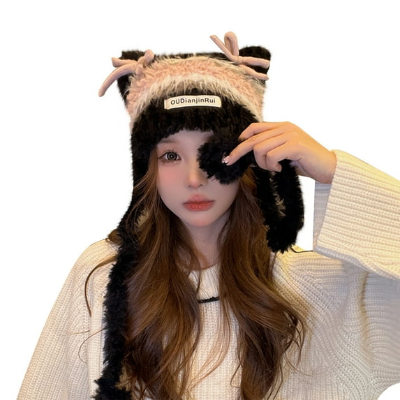 Eltusu Women Beanie Hat with Ear Flaps, Comfy Cat Ear Windproof Warm Winter Hat Black Size Free Size