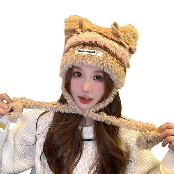 Eltusu Women Beanie Hat with Ear Flaps, Comfy Cat Ear Windproof Warm Winter Hat Khaki Size Free Size