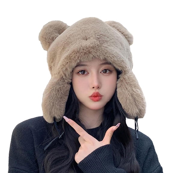 Eltusu Women Beanie Hat with Ear Flaps, Winter Comfy Bear Ear Windproof Thermal Hats Coffee Size Free Size