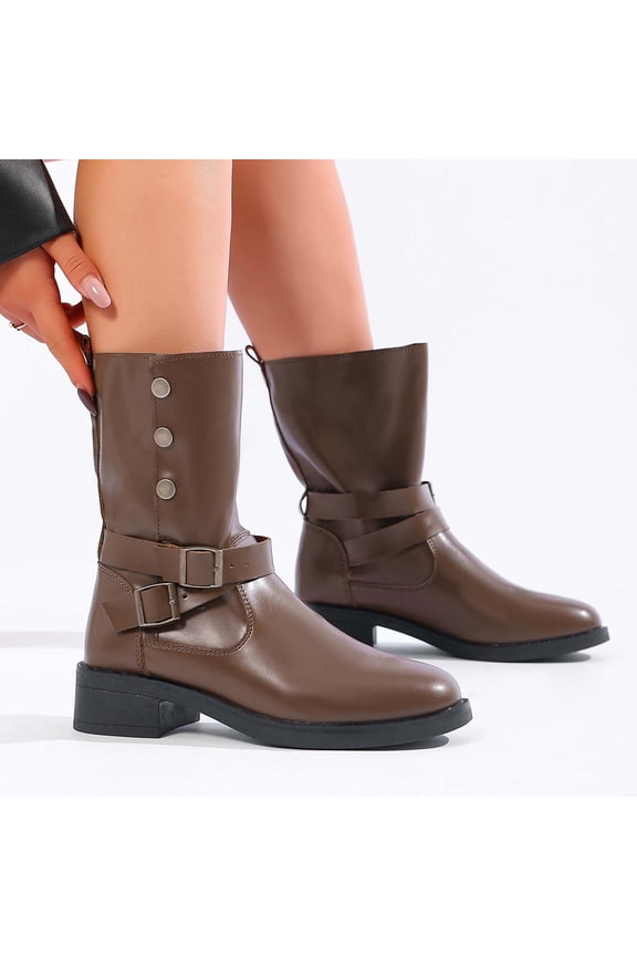 Women Boots Low Heel, Mid Calf Round Toe Non-Slip PU Winter Shoes Brown Size 9