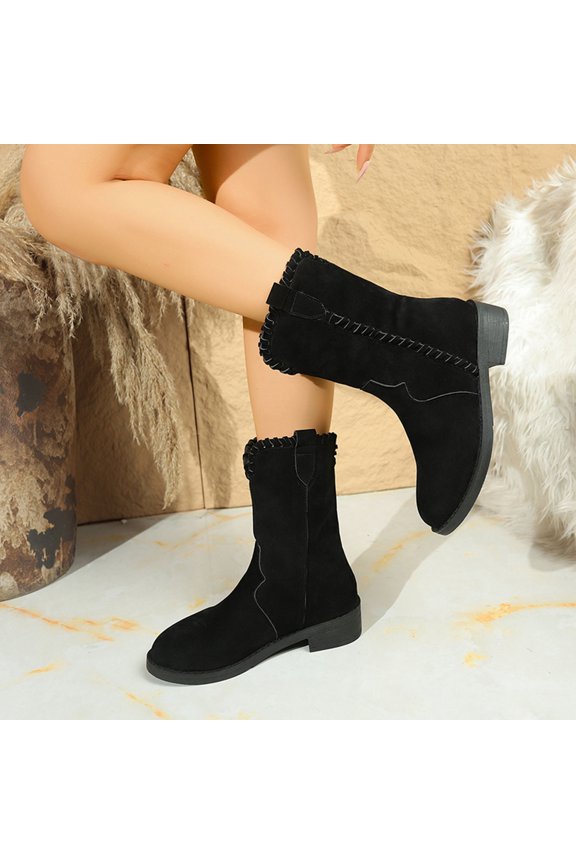 Women Boots Low Heel, Thermal Mid Calf No Slip Round Toe Winter Shoes Black Size 6.5