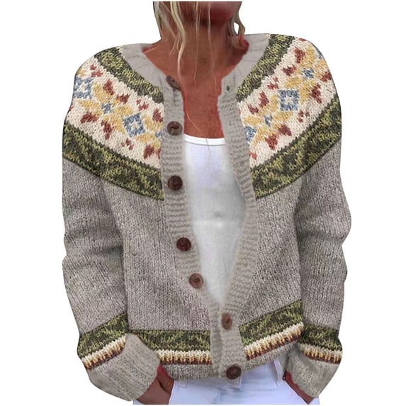 Eltusu Women Cardigans, Thermal Printed Button Down Crewneck Winter Sweaters Khaki Size 3XL