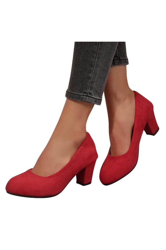 Women Chunky Heels, Comfort Round Toe No Slip Mid High Heels Block Heel Shoes Red Size 7.5