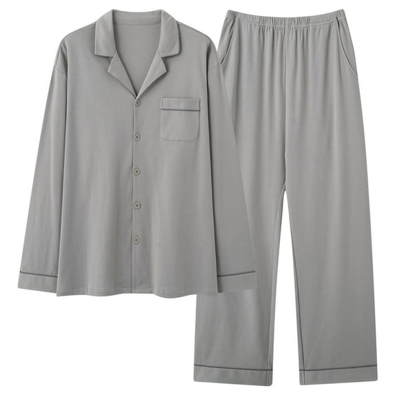 Eltusu Women Cotton Pajama Sets, Button-Up Long Sleeve Two Pieces Comfy Sleepwear Sets Gray Size 2XL