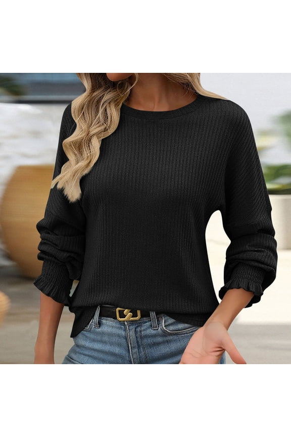 Women Cotton Sweaters, Crew Neck Warm Long Sleeve Comfy Winter Tops Black Size S-2XL