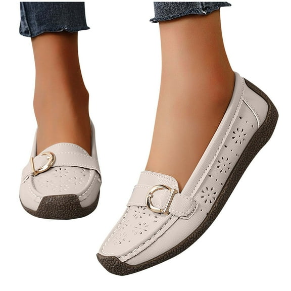 Eltusu Women Flat Shoes, No Slip Round Toe Slip on Wedding Loafer Shoes Beige Size 7