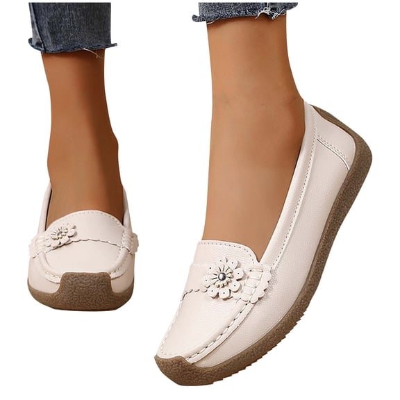 Eltusu Women Flat Shoes, Round Toe Slip on Breathable Soft Bottom Loafer Shoes Beige Size 7