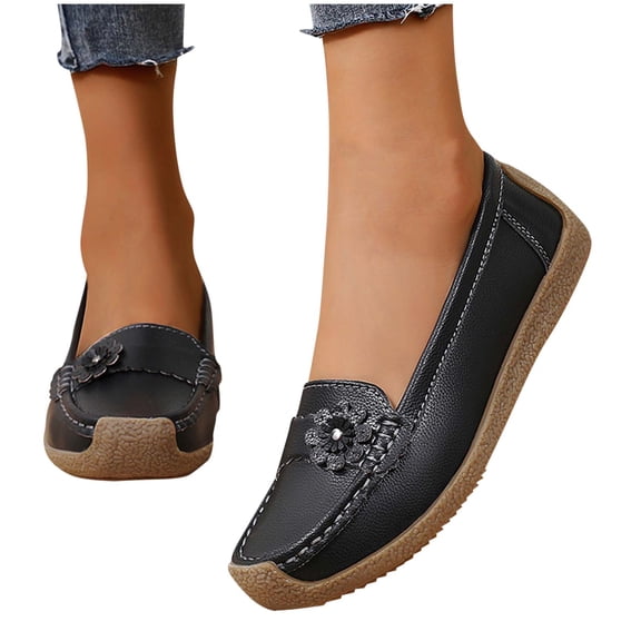 Eltusu Women Flat Shoes, Slip on Breathable Soft Bottom Round Toe Loafer Shoes Black Size 7