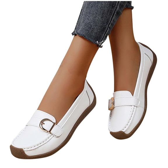 Eltusu Women Flat Shoes, Slip on Round Toe PU Breathable Loafer Shoes White Size 9.5