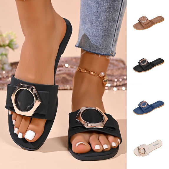 Eltusu Women Flat Slide Sandals, PU Open Toe Slip On Fashion Summer Shoes Black Size 7