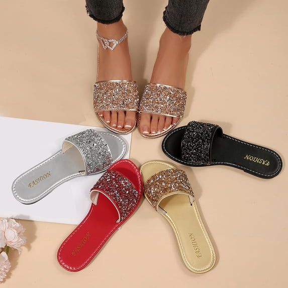 Eltusu Women Flat Slide Sandals, Party Open Toe PU No Slip Summer Shoes Gold Size 9