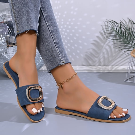 Eltusu Women Flat Slide Sandals, Slip On PU Open Toe Beach Summer Shoes Navy Size 6.5